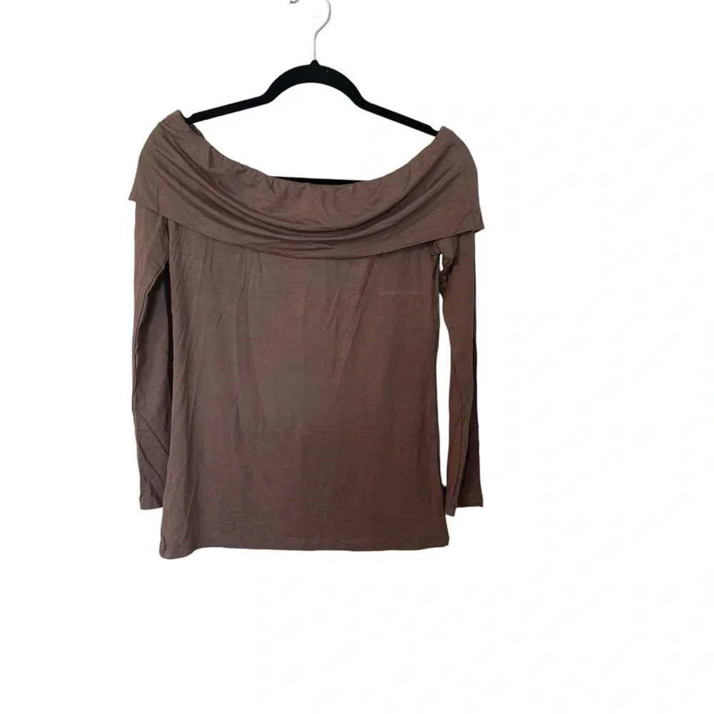 Yana K Cindy Top Long Sleeve Rayon Draped Neck Off Shoulder in Coco One Size NWT
